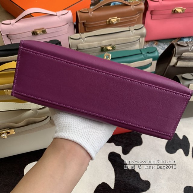 Hermes凱利女包 愛馬仕Minikelly pochette一代 原廠進口swift皮 半手工蠟線 玫瑰紫 金銀扣  tdh2263
